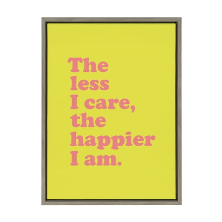 Kate and Laurel Sylvie Less I Care Happier I am in Yellow and Pink Framed Canvas Wall Art by Apricot and Birch, 18"x24" Gray, Chic Inspirational Art for Wall