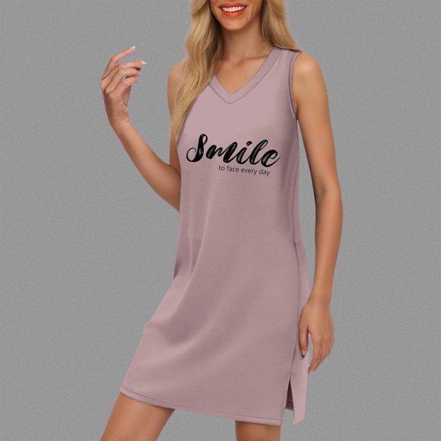 WILLBEST Vestidos De Verano Para Mujer, Belleza, Con Escote En V, Color Sólido, Sin Mangas, Abertura, Suelto Y Cómodo, Vestido De Playa Con Estampado De Letras