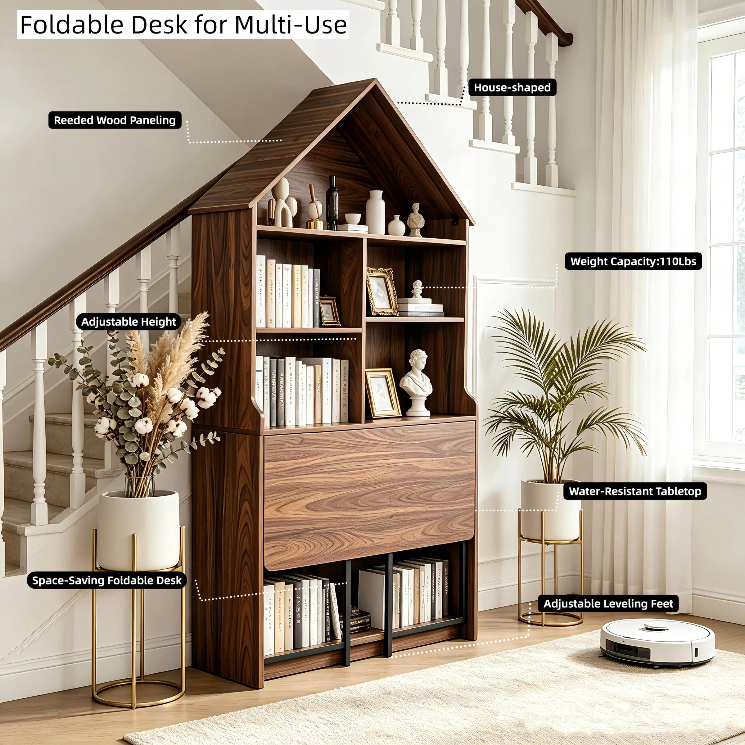 Astoutdoor Folding Craft Desk with Storage Shelves, Convertible Hideaway Desk to Bookshelf, Foldable Desk for Small Spaces