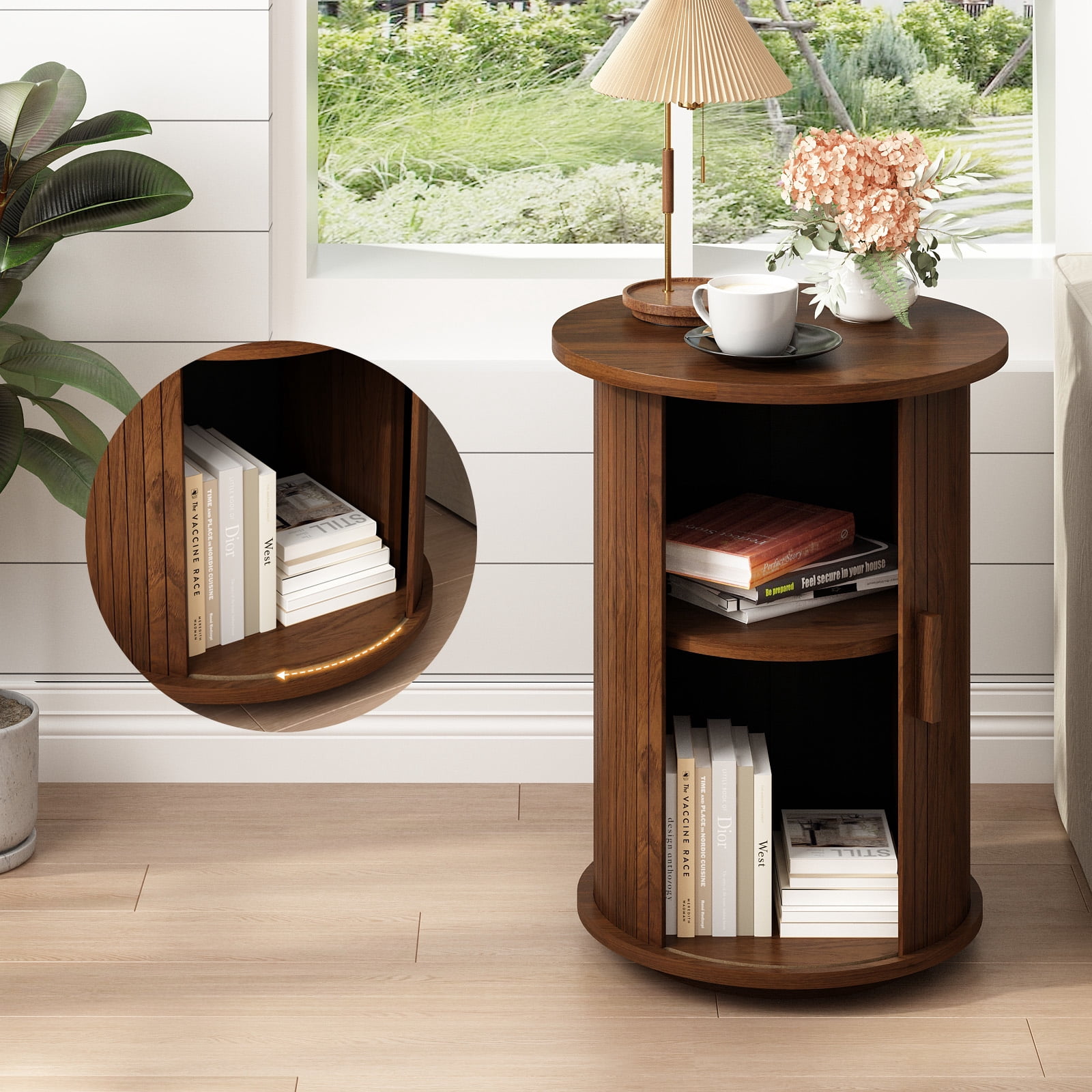 18'' Fluted Round End Tables with Sliding Door, Modern Side Table Nightstands for Living Room Bedroom, Walnut