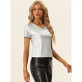 thumbnail image 4 of Camiseta de Color Metálico para Mujer con Cuello en V Party Clubwear Shiny Top Plata XL, 4 of 5