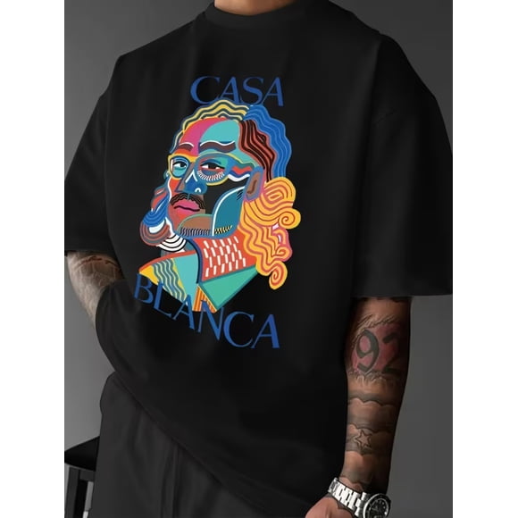 European and American Adult Art Style Men's T-Shirt! Color Block Spliced Portrait Paired with High-saturation Color Elem