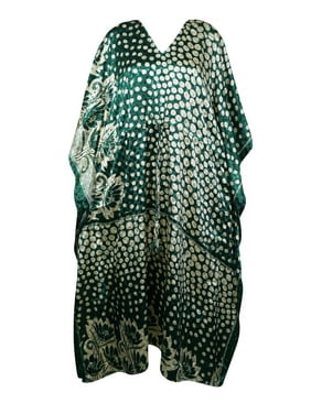 Mogul Women Kaftan Maxi Dress, Green Polka DOT Boho Ethical Printed Loose Beach Cover Up Summer Caftan Dresses 2XL