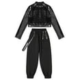 thumbnail image 3 of YONGHS Kids Girls Hip Hop Dance Costume Outfits Long Sleeve Sequin Crop Top with Cargo Pants Set Black 10, 3 of 5