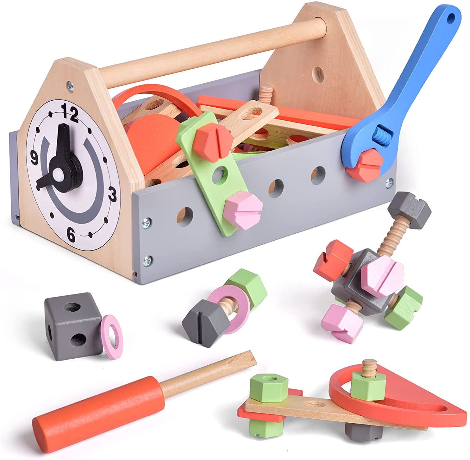 Fun Little Toys Tool Kit for Kids Wooden Tool Box with Wooden Tools