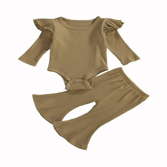 Baby Boy Girl Solid Color Cotton Knitted Ruffle Long Sleeve Romper Top Drawstring Pants