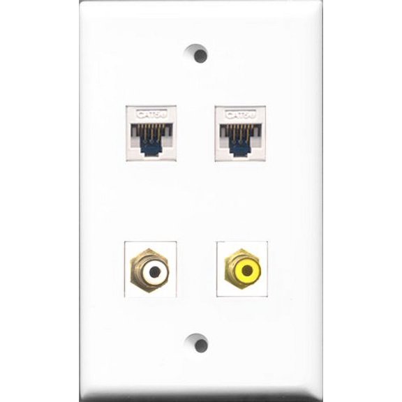 RiteAV - 1 Port RCA White and 1 Port RCA Yellow 2 Port Cat5e Ethernet White Wall Plate