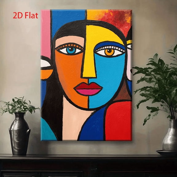 Modern Abstract Face Wall Art - Bold Color Block Geometric Woman Portrait Painting with Blue, Red, Yellow, Black & White - Minimalist Contemporary Flat Canvas Print for Living Room, Sofa Background