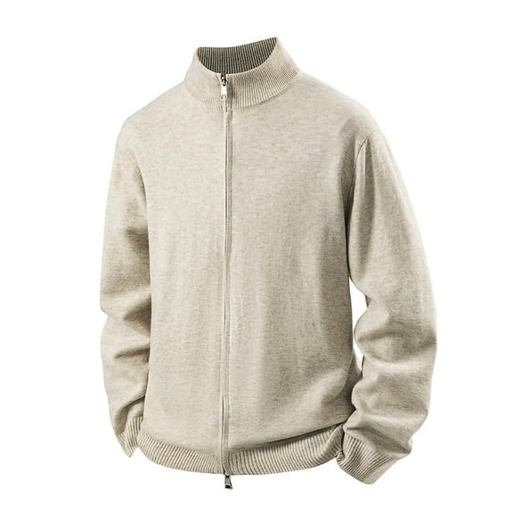 Jackets for Men Plus Size Stand-Up Collar Knitted Sweater Double Zipper Cardigan Sweater Jacket Casual Solid Color Long Sleeved Collar Shirt,Coats for Men Beige