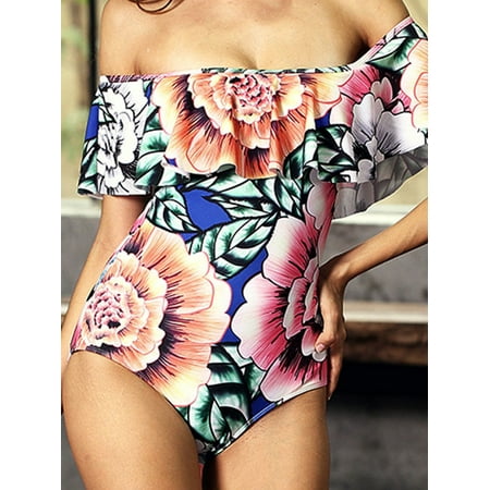 Off Shoulder Lotus Print One-Piece Swimsuit Swimwear Swimming Costume Slim Bathing Suit for Ladies Girls Swimming Surfing for Women Girls