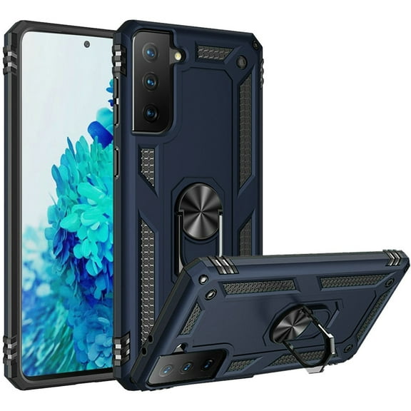 Finger Loop Armor Hybrid Case with 360° Rotating Ring Holder Kickstand for Samsung Galaxy S21 Plus 5G - Navy Blue