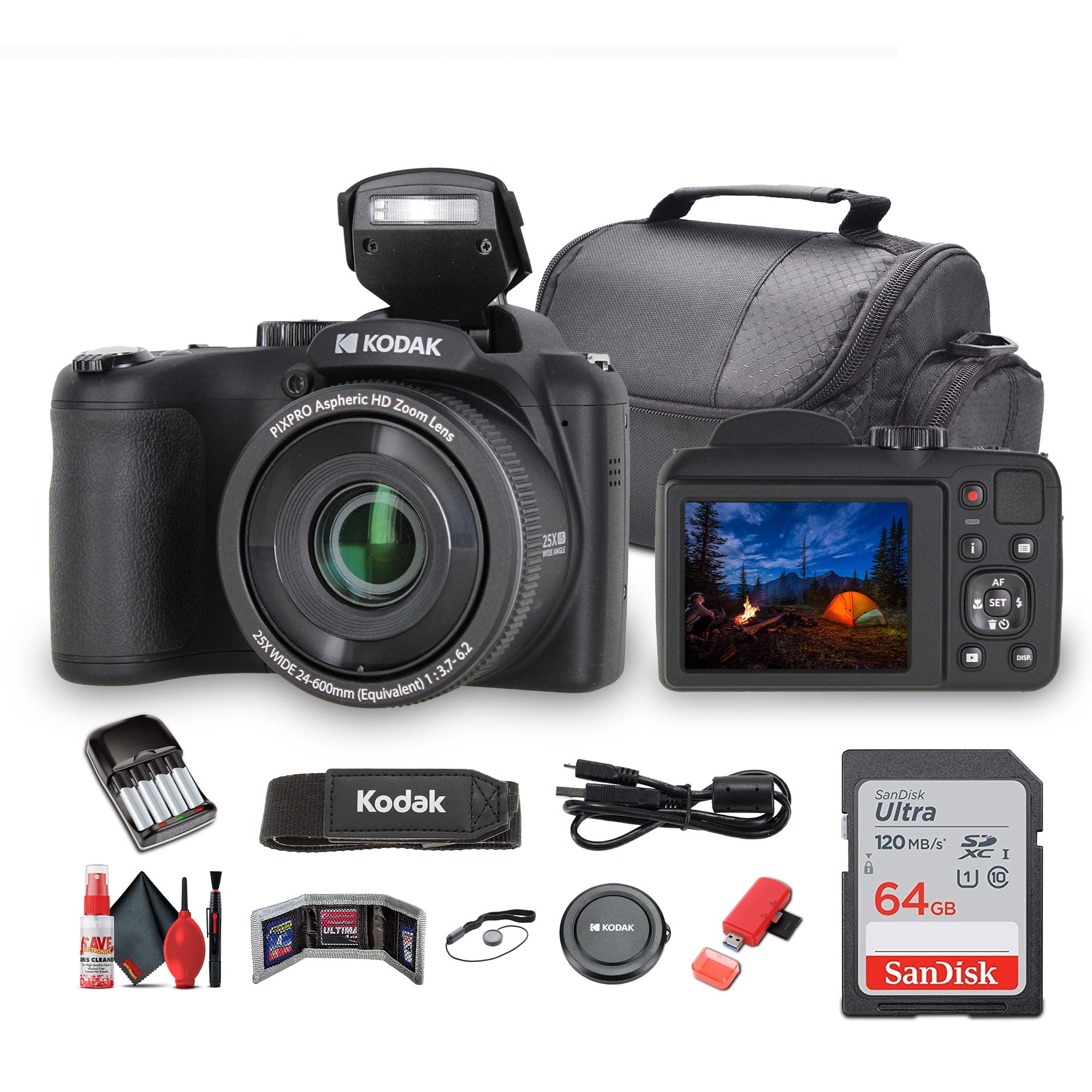 Kodak Pixpro AZ255 Digital Camera AZ255BK Bundle Including: 64 GB Memory Card Rechargeable Batteries Case Neck Strap Lens Caps Full Cleaning Kit Card Reader Card Wallet USB Cable Cap Keeper