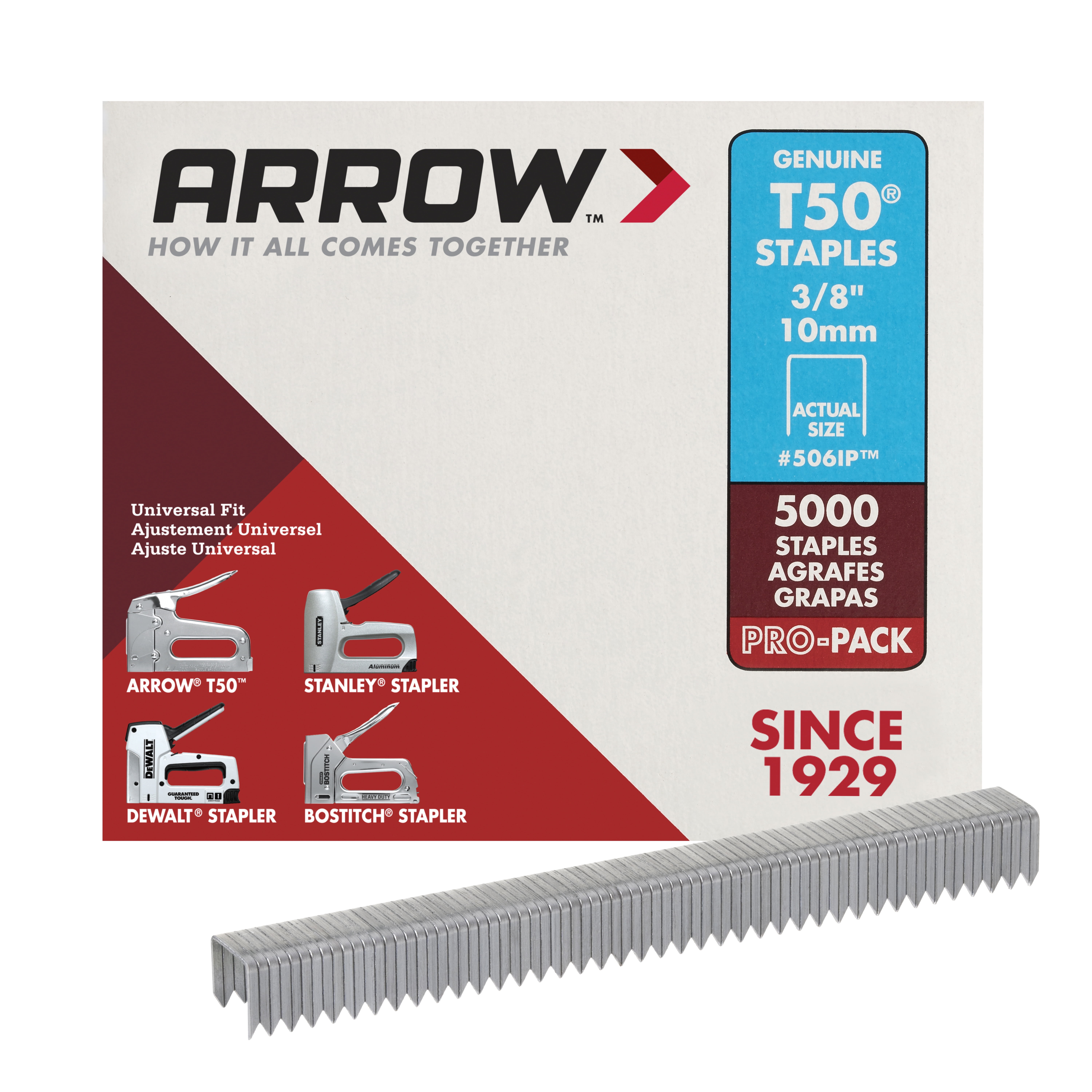 Arrow 3/8 inch T50 - 5,000 Count Steel Divergent Point Staples Leg Length 3/8 inch