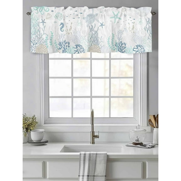 Sea Turtle Starfish Conch Coral Valances for Windows,Kitchen Valance Rod Pocket Short Curtain,Marine Life Blue Teal Valance Curtain Window Valances for Bedroom Living Room 54"x18"