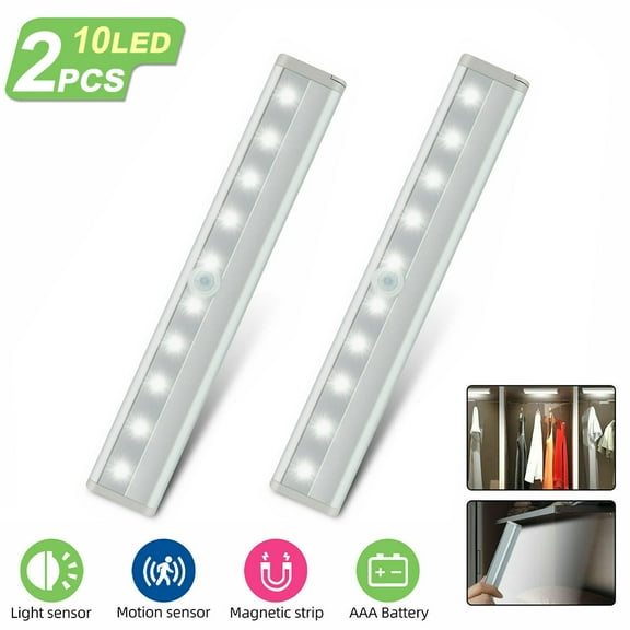 Motion Sensor Closet Lights, Cordless Under Cabinet Lighting, Wireless Stick-on Anywhere Battery Operated 10 LED Motion Sensor Night Light, Safe Lights for Cabinet Wardrobe Stairs (2 Pack)
