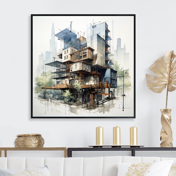 Designart "Analytic Cityscape Drawing II" City Buildings Floater Framed Canvas Wall Art