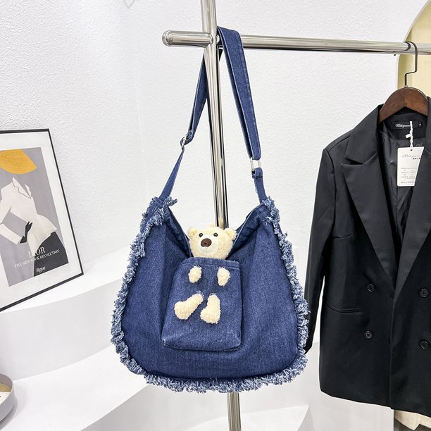 Bolso de compras para mujer Bolso de borla de mezclilla Bolso de compras de trabajo diario (Azul oscuro)