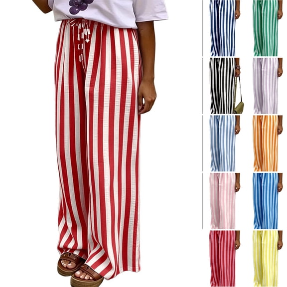 Evdexr Womens Striped Pants Wide Leg Drawstring Palazzo Pants 2026 Summer Straight Beach Trousers High Waisted Flowy Plus Size Vacation Pant 2XL
