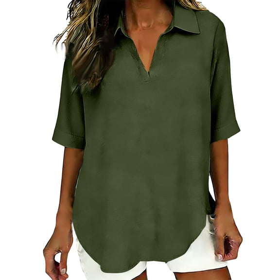 SAFUNY Women's Short Sleeve Collared Neck Split Hem Blouse Flowy Lightweight Summer Daily Casual Top Army Green L