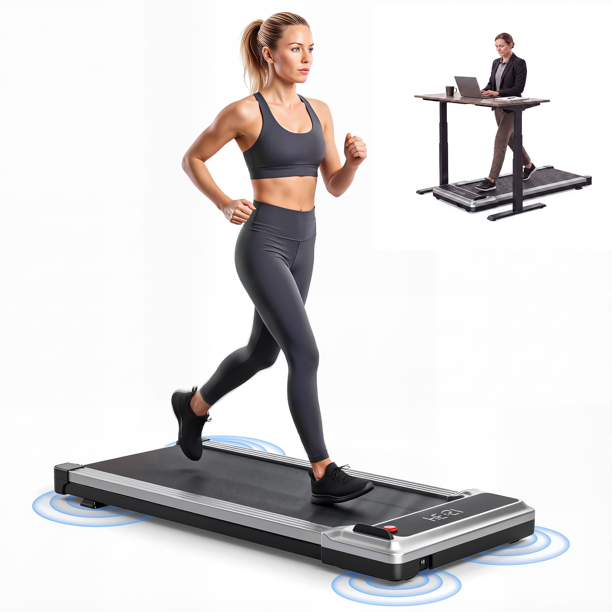 JIOABL Compact Treadmill Under-Desk Walking Pad, Quiet & Portable Exercise Workout Fitness Machine for Home Office Small Spaces, Silver
