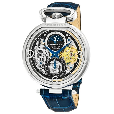 Mens Fossil White Silver Dial Men's automatic 889.01 dual time watch, silver case, black skeleton dial, blue genuine leather strap ()