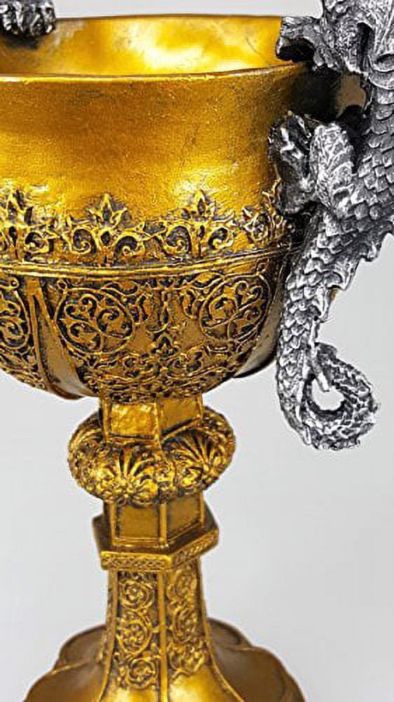 Pacific Giftware King Arthur's Fantasy Golden Chalice with Dual Dragon Wine Goblet Sculptural Decor