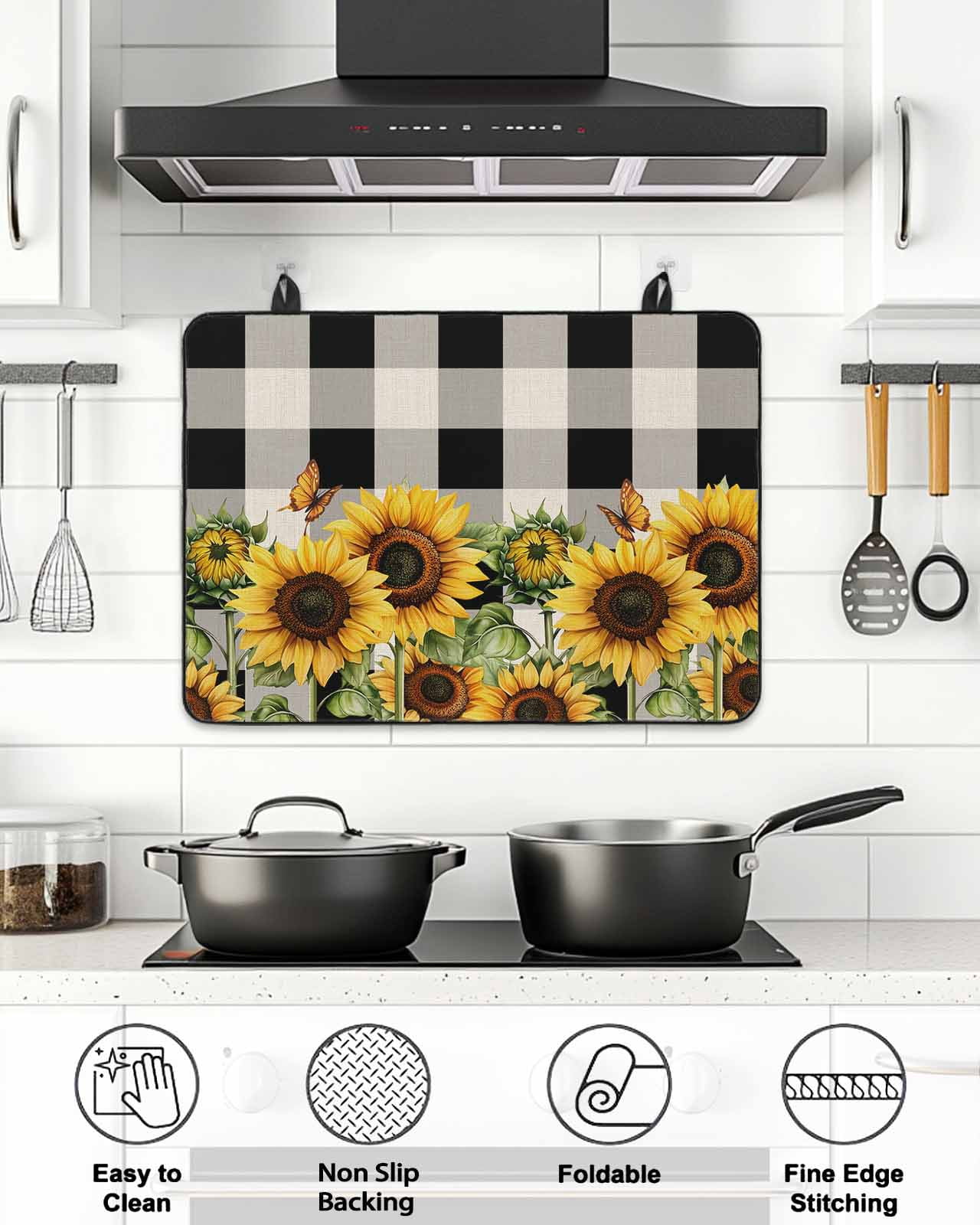 Stove Top Covers for Electric Stove, Sunflower Checkered Glass Stovetop Cover Protector, Black Buffalo Plaid Pastoral Flowers Induction Cooktop Protector Oven Mat for Kitchen Countertop 24"x21"