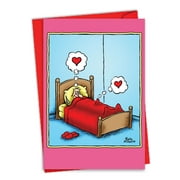 Hysterical Valentine's Day Greeting Card with 5 x 7 Inch Envelope (1 Card) Thinking About You - Man in Bed with Erection Thinking Hearts