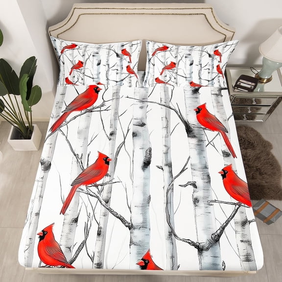 Erosebridal Cardinal Bird Fitted Sheet Set Twin, Botanical Birch Bedding Set, Animal Theme Decor (No Top Sheet)