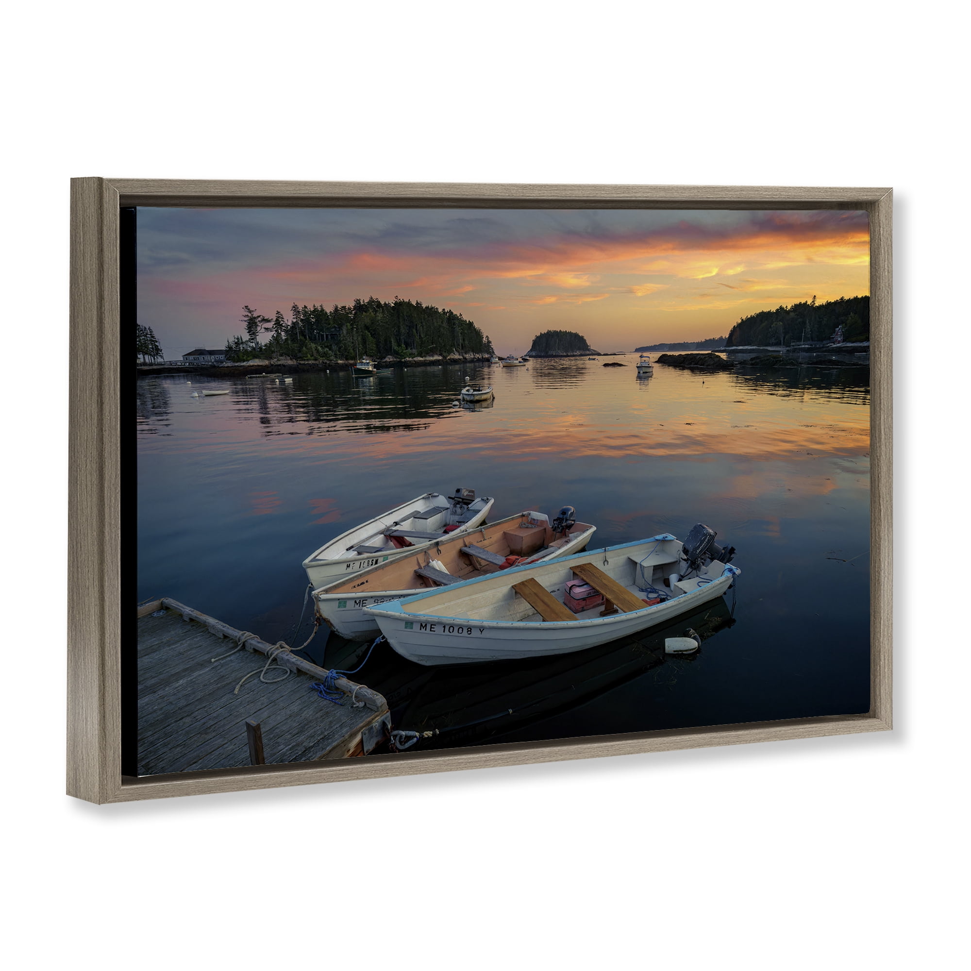 Stupell Industries Three Boats at Sunset Nautical & Beach Photography Brown Floater Framed Canvas Art Print Wall Art, 25 x 17