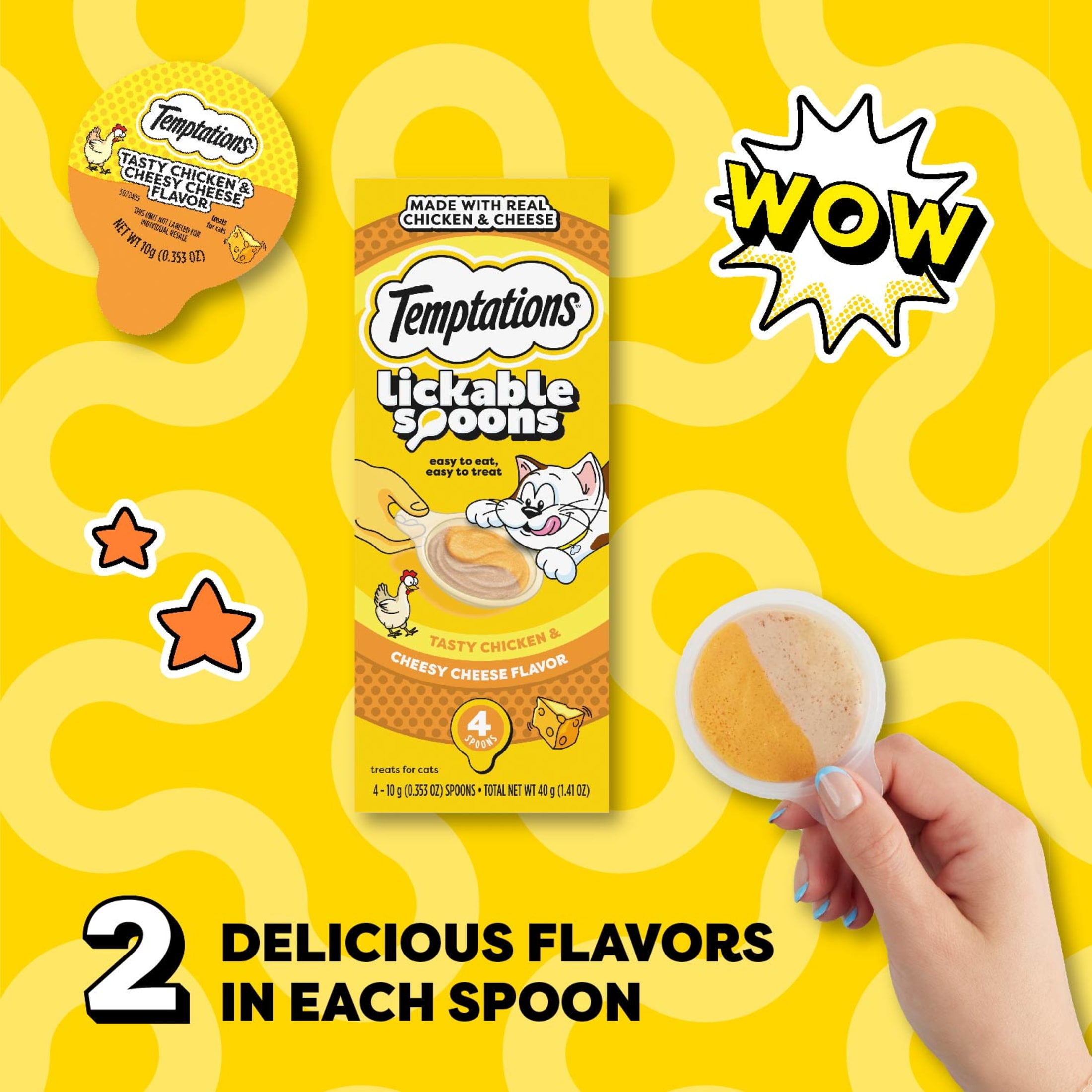 Temptations Lickable Spoons Wet Cat Treat, Tasty Chicken and Cheesy Cheese, 10 Grams, Pack of 4