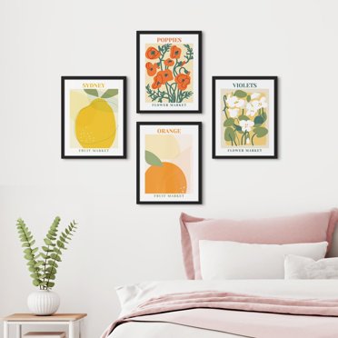 PixonSign Framed Wall Art Sydney, Orange, Flower, Poppies Posters, Set of 4 Multicolor Fruit, Flower Market Canvas Prints, Preppy Room Lovely Wall Décor for Home Decor - 8"x10" Black