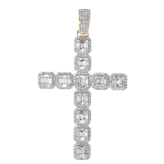 Midwest Jewellery 14K Gold Baguette Diamond Cross Large Mens Cross Pendant 3.43ctw