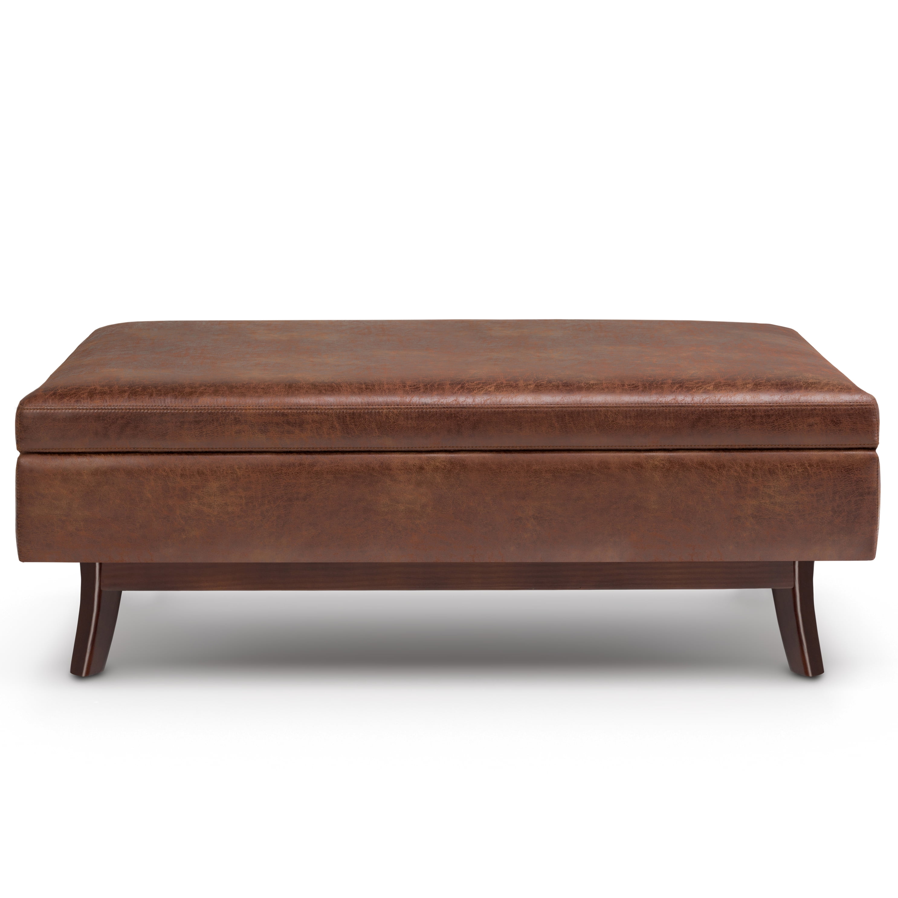 Simpli Home Owen 48 inch Wide Mid-Century Modern Rectangular Storage Ottoman in Distressed Saddle Brown Vegan Leather