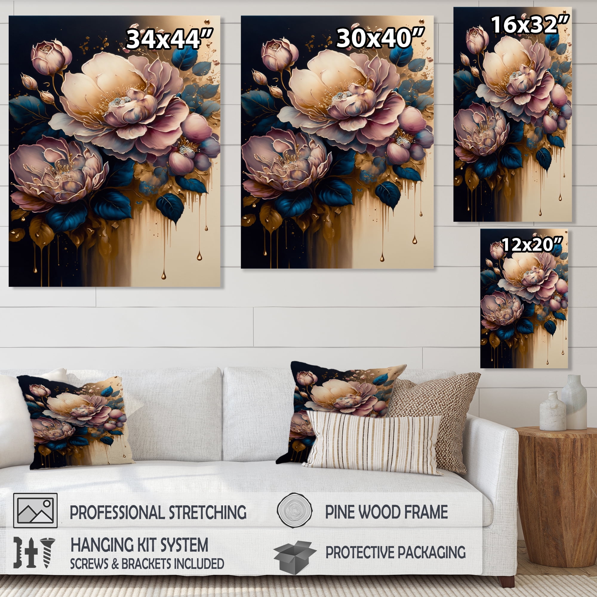 Designart Decadent Pink And Blue Roses IV Canvas Wall Art