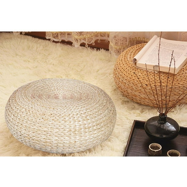 Knitted Straw Flat Seat Cushion, 15.7inch Round Pouf Tatami