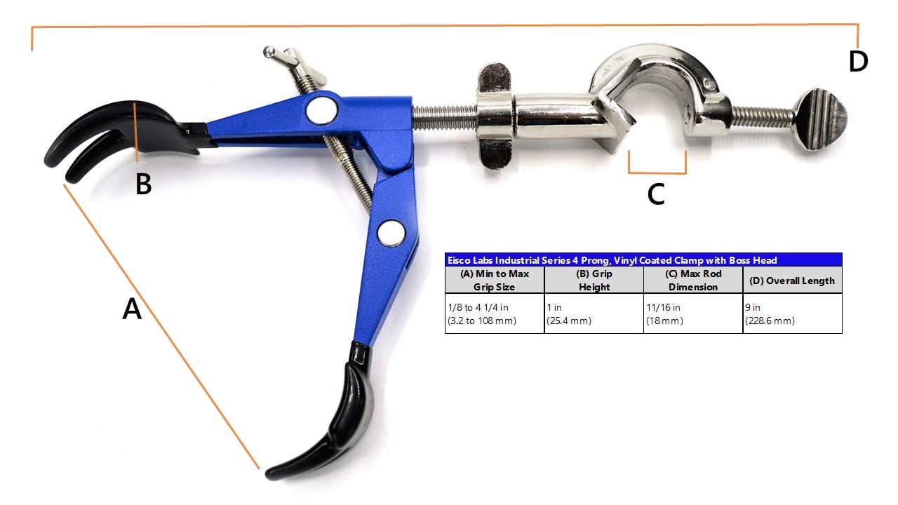 4 Prong, Vinyl Coated Clamp on Swivel Bosshead - 4.1" Max Clamp Opening, Bosshead fits up to 18mm Rods - Powder Coated Zinc Alloy Clamp - Research, Industrial Laboratory Grade -  Eisco Labs