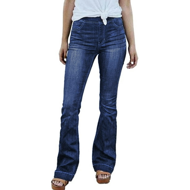 Women's Blue High Rise Elastic Waist Flare Jeans