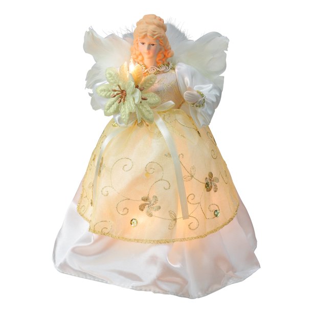 9.5" Ivory and Gold Angel with Poinsettia Christmas Tree
