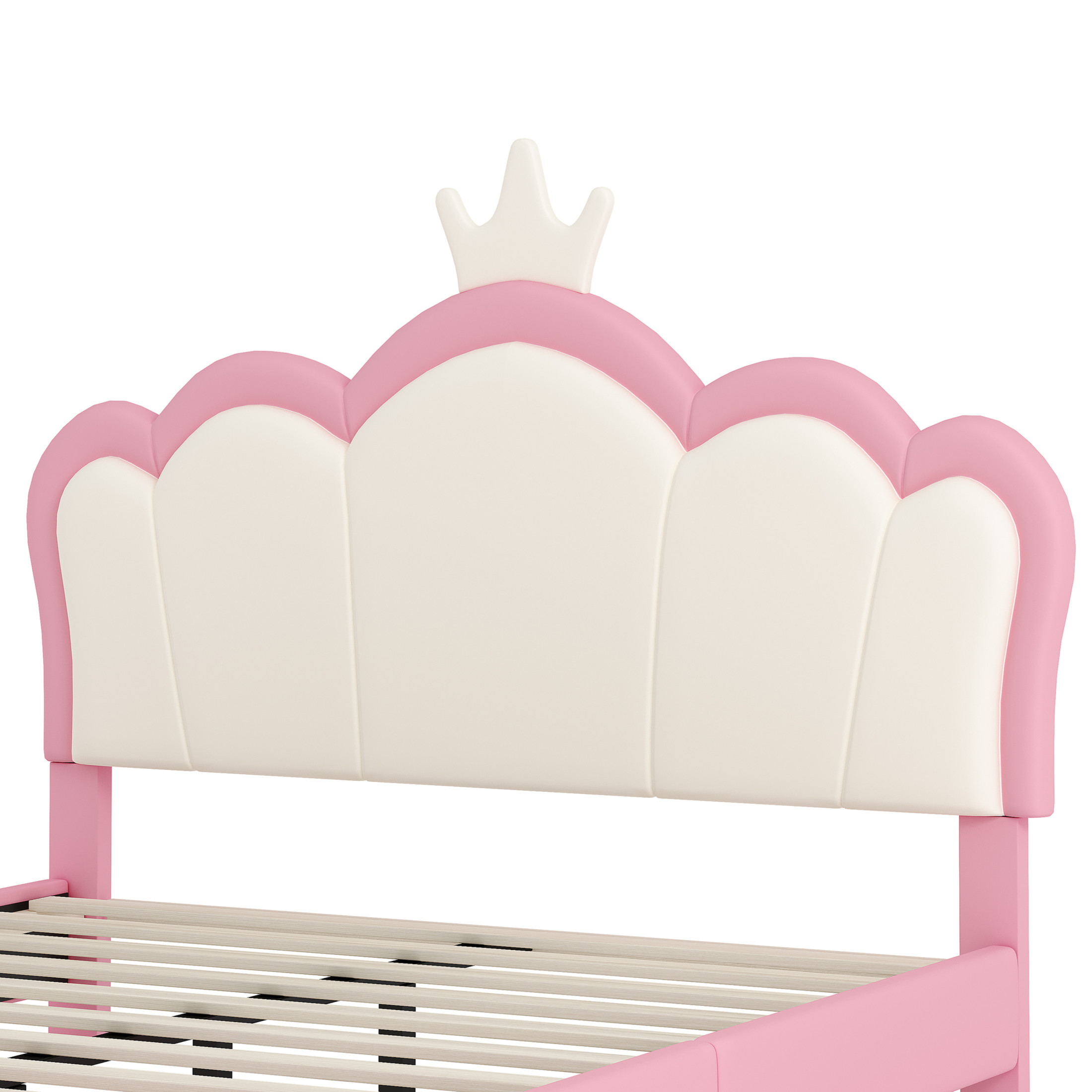 Noble House Full Size Upholstered Princess Bed with Crown Headboard, Fairy-Tale Platform Bed, Cream + Pink