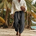 thumbnail image 3 of Mens Casual Big and Tall Cotton Linen Harem Pants Baggy Elastic Drawstring Waist Beach Yoga Boho Pant Size S-3XL Black, 3 of 7