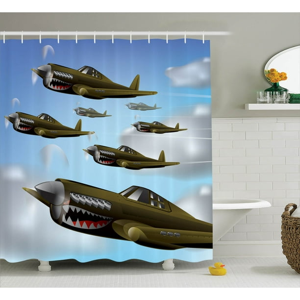 Airplane Decor Shower Curtain Set, Fighter Aircrafts Up In The Air