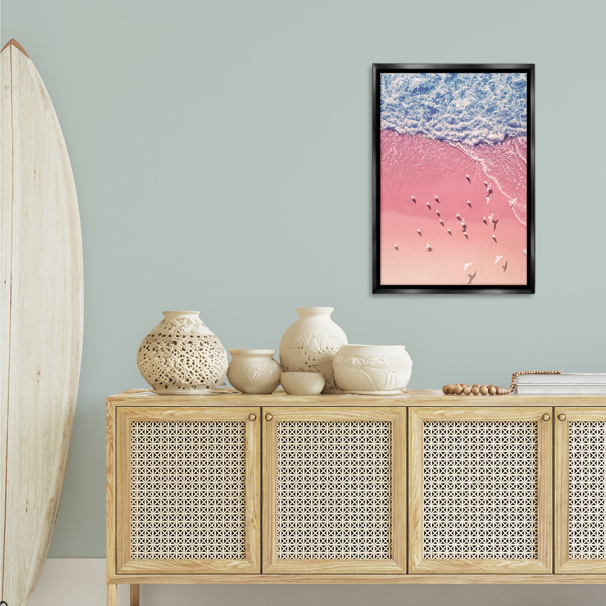 Stupell Industries Aerial Seagulls Pink Beach Landscape & Nature Photography Black Floater Framed Canvas Art Print Wall Art, 21 x 31