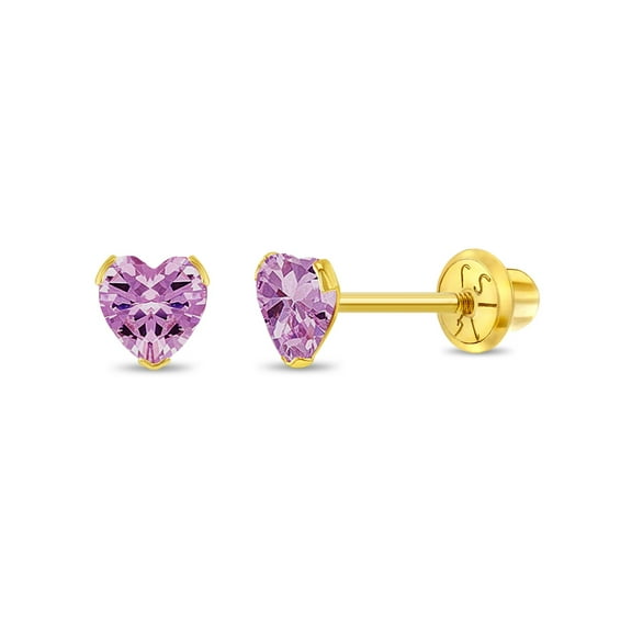 14k Yellow Gold Girls Simulated Tourmaline Birthstone Heart Screw Back Earrings