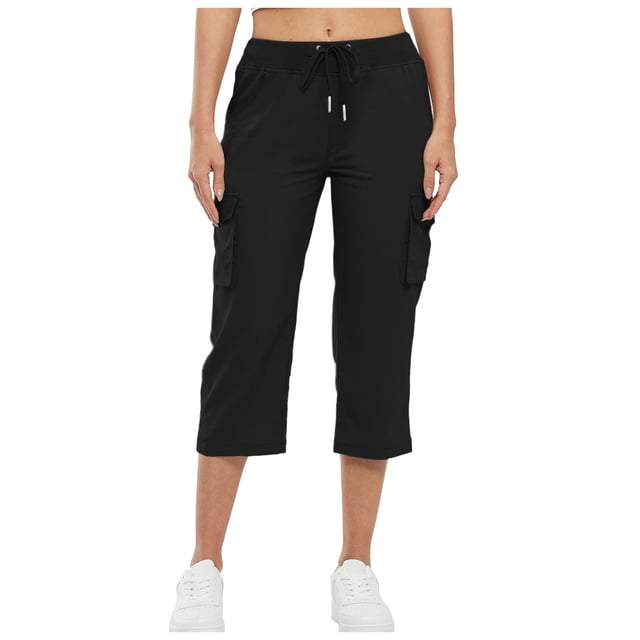 Pants Women Ladies Cargo Capris Hiking Pants Drawstring High Waisted With Pockets Trousers Women Black S