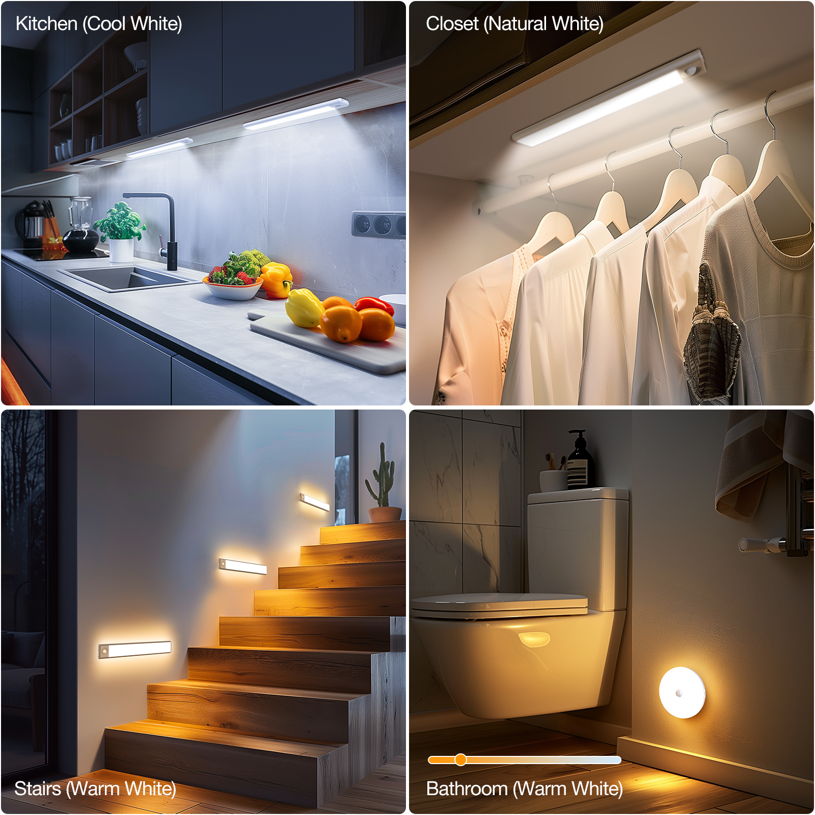 Under Cabinet Lights, Rechargeable Closet Lights with 3 Color Temperatures Dimmable 3 Modes, Motion Sensor Light Indoor with Magnetic, Wireless Under Counter Lights for Kitchen, Stairs
