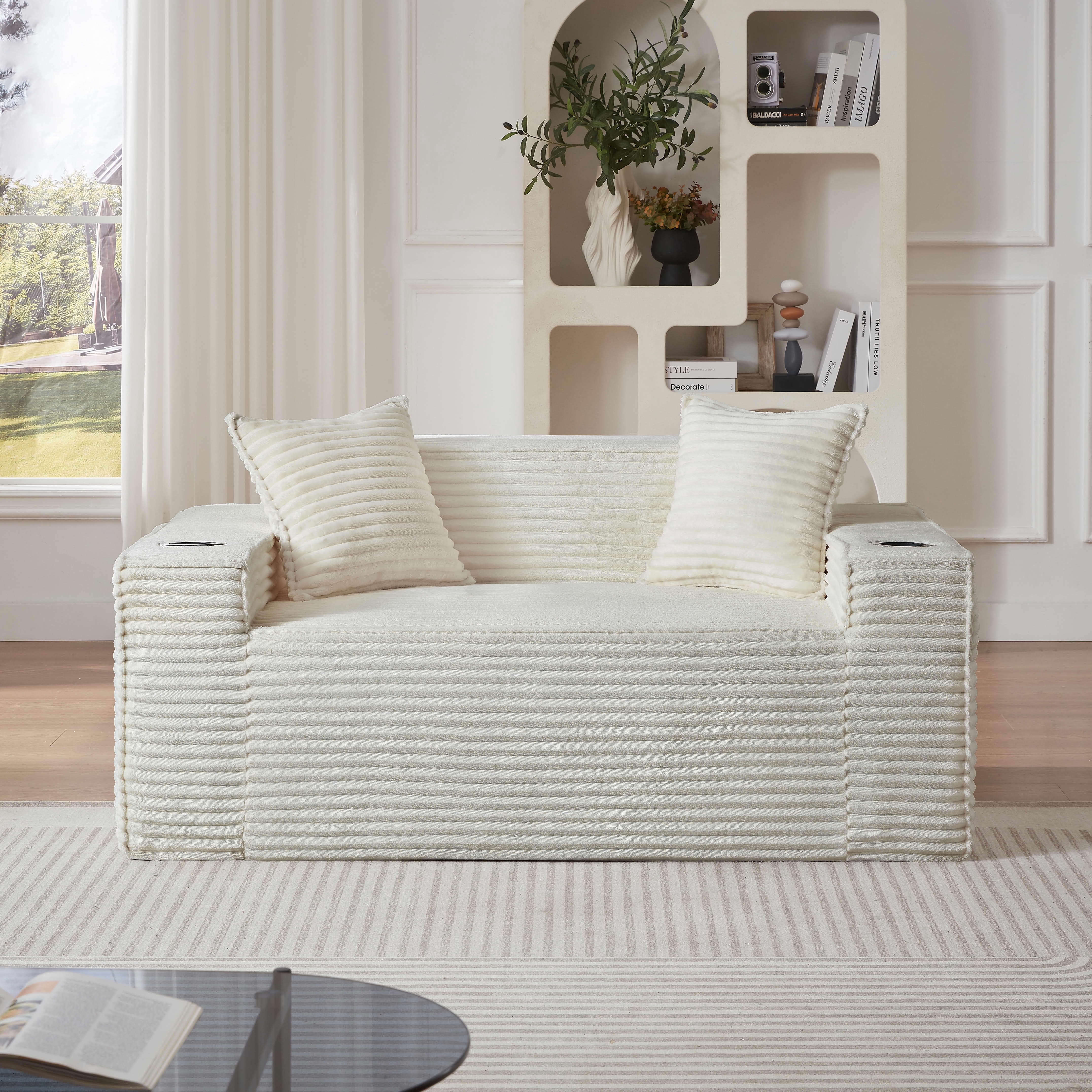 MAYEERTY Minimalist Corduroy Boneless Couch with Side Pockets & Cup Holders for Compact Living Room, White