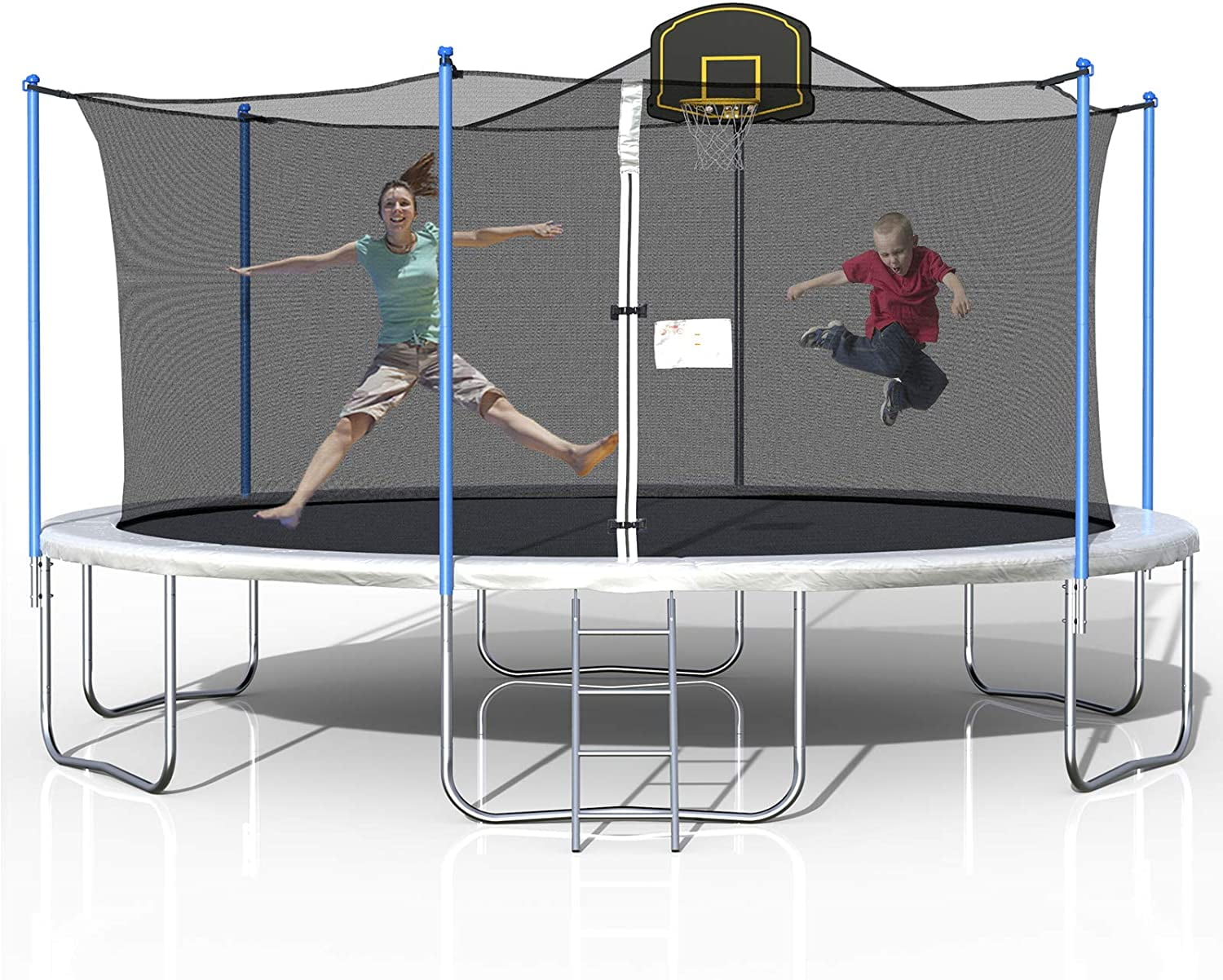 Outdoor Trampoline for Kids, 16FT Trampoline with Backboard Enclosure Net, Safety Spring Cover Padding, Basketball Hoop & Ladder, Outdoor Activity for Children, Silver