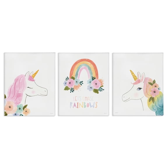 Stupell Industries Let's Chase Rainbows Phrase Fantasy Floral Unicorns Design by Jenaya Jackson, 3 Piece, 16" x 20"