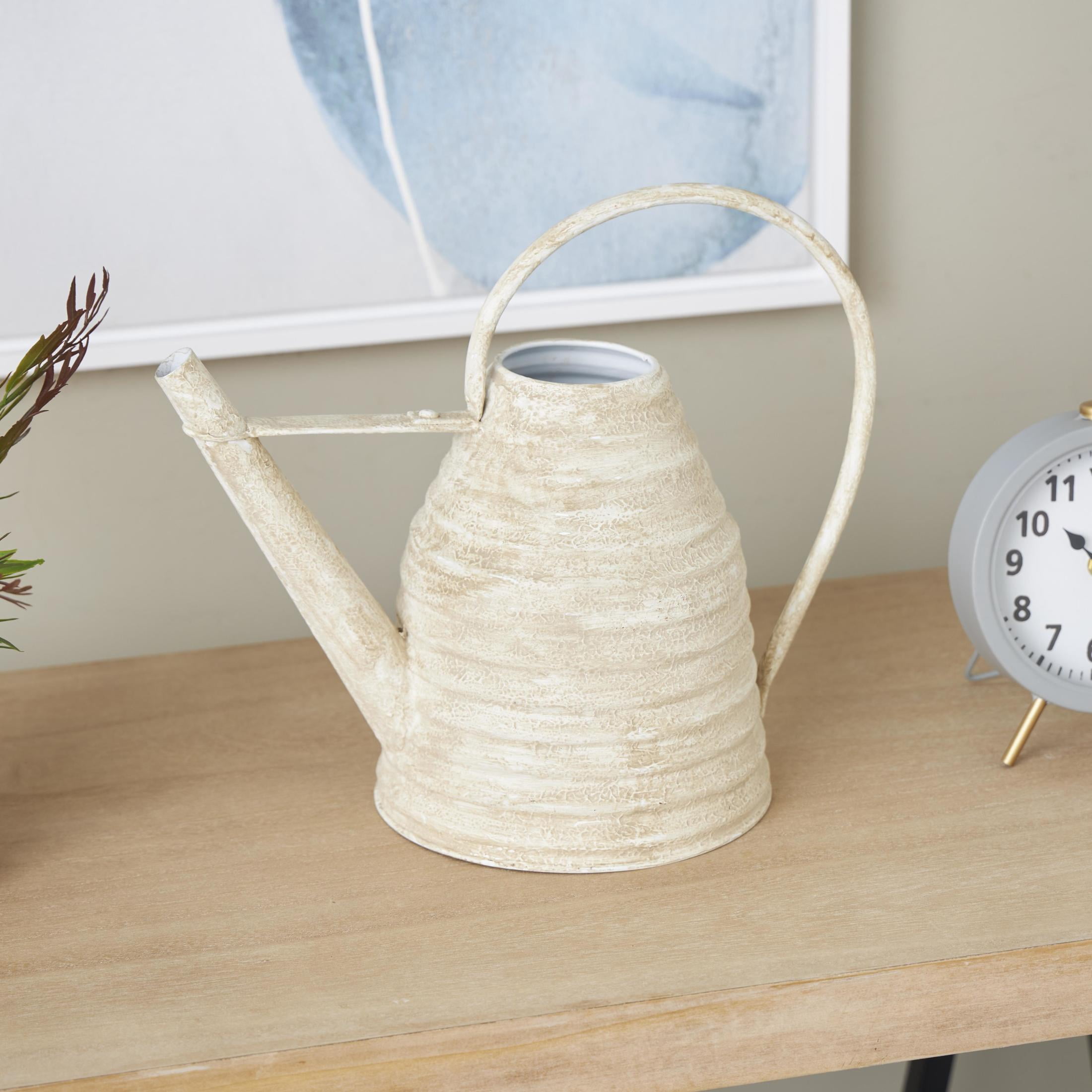DecMode 14" x 12" Beehive Shaped Watering Can Cream Metal Watering Can Planter with Large Loop Handle